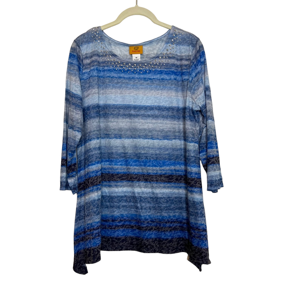 Ruby Rd Womens Tunic Size Medium Blue Gray Striped Camo Lightweight Embellished